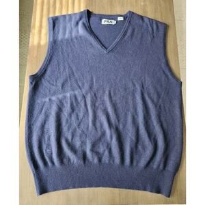 FILA Silk Cashmere Blend Sweater Vest Men L Navy V Neck Super Soft EUC